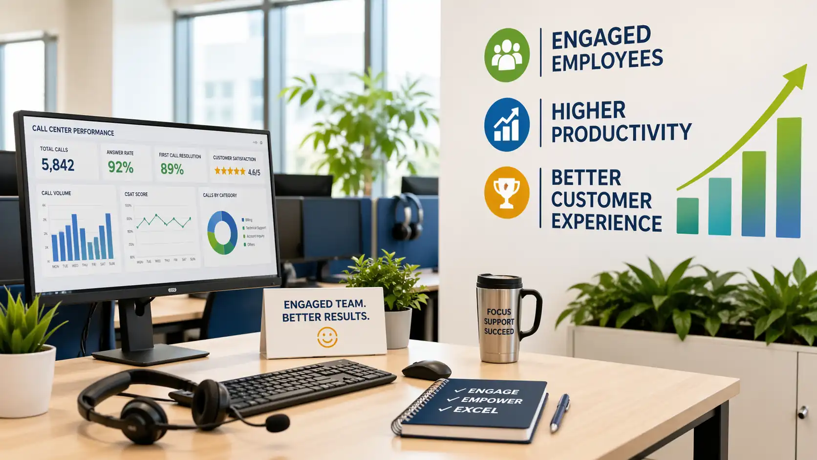 Call center desk with analytics screen showing how engagement boosts productivity.