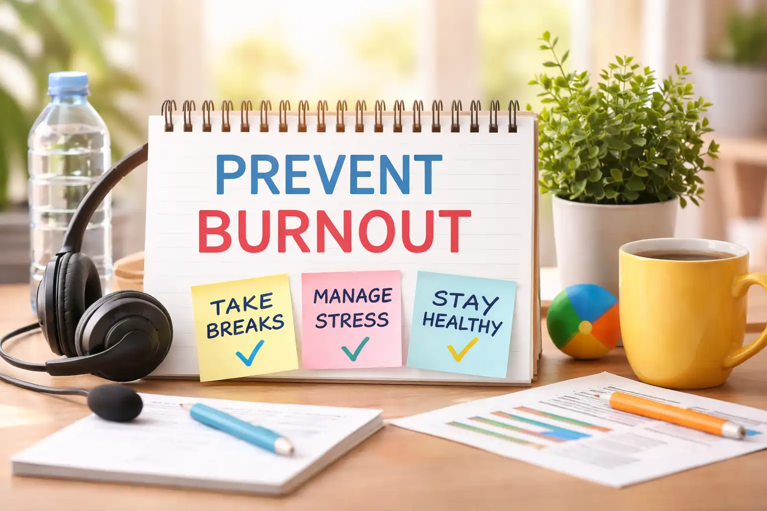 Call center desk setup with headset and wellness notes to prevent agent burnout.