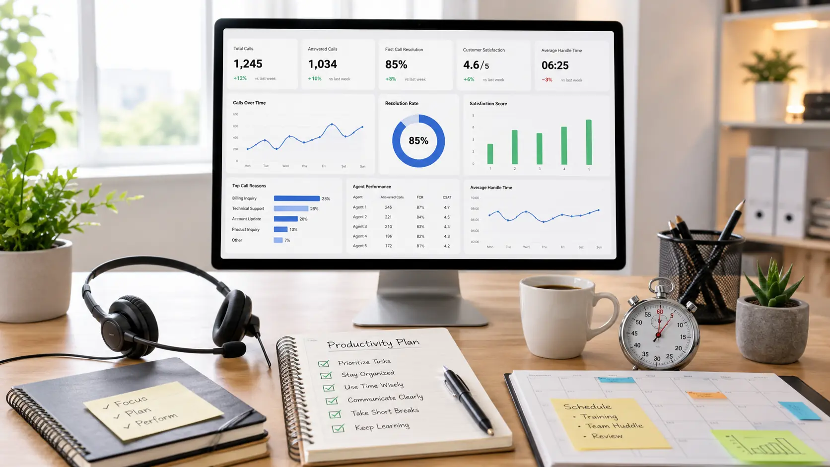 Call center productivity dashboard with headset, checklist, and scheduling tools.