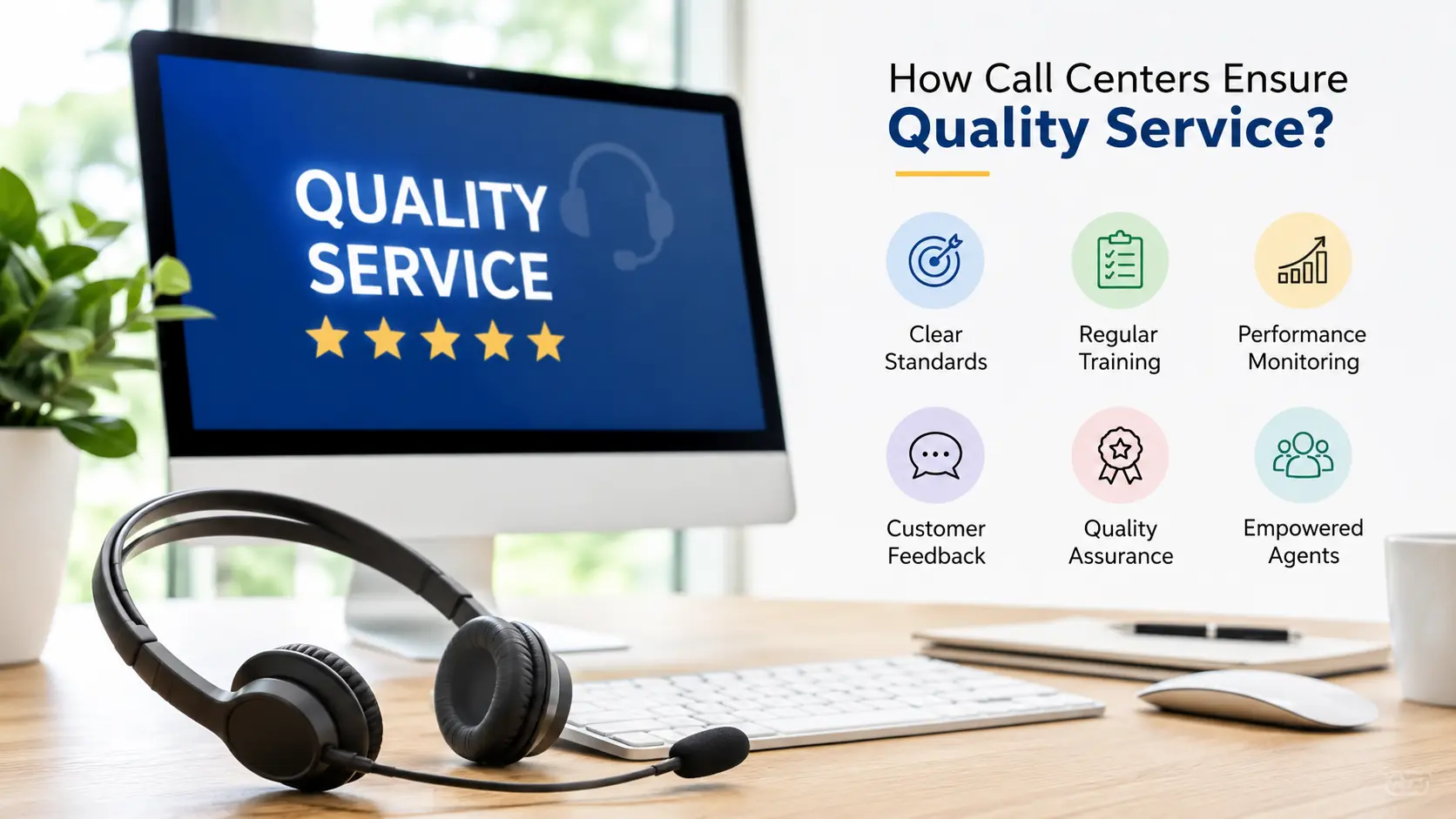 Call center quality service dashboard with headset and support icons.