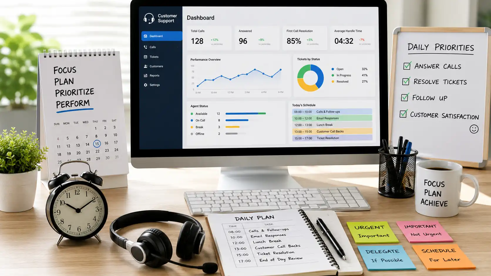 Call center time management desk with planner, headset, clock, and dashboard.