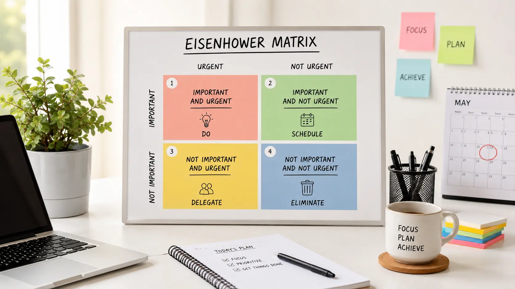 Eisenhower Matrix priority grid on a bright productivity workspace.