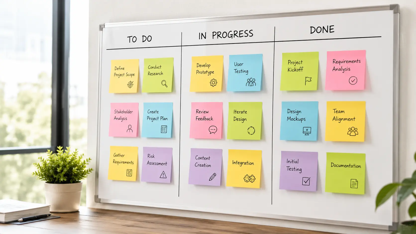 Kanban Method board with task cards in To Do, In Progress, and Done columns.