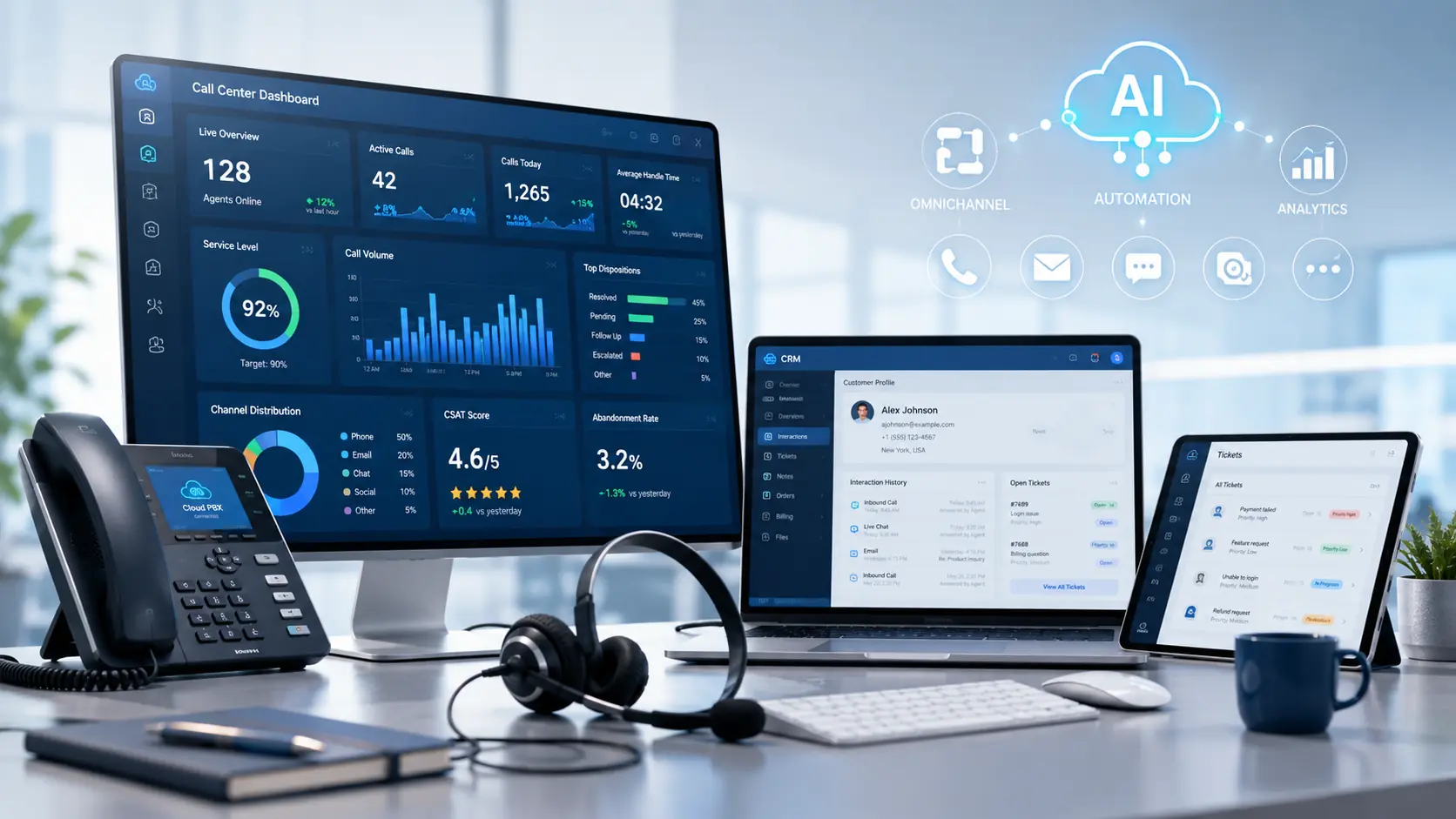 Modern call center software dashboard with AI, CRM, analytics, and VoIP tools.