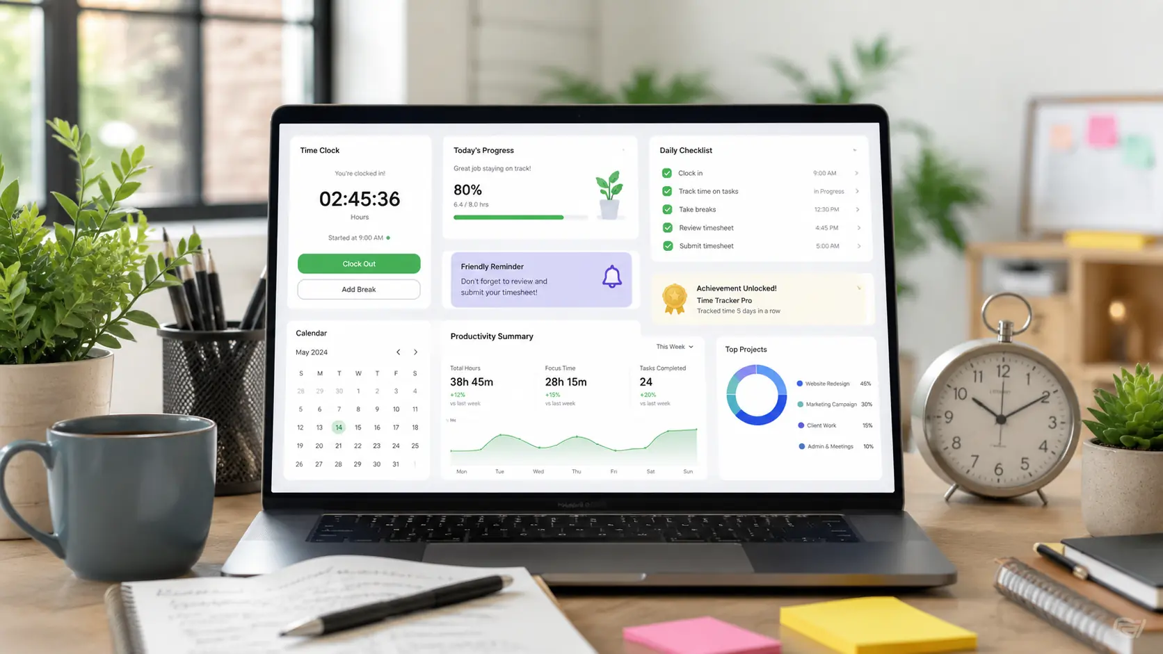 Motivational time tracking dashboard on laptop in bright office workspace.