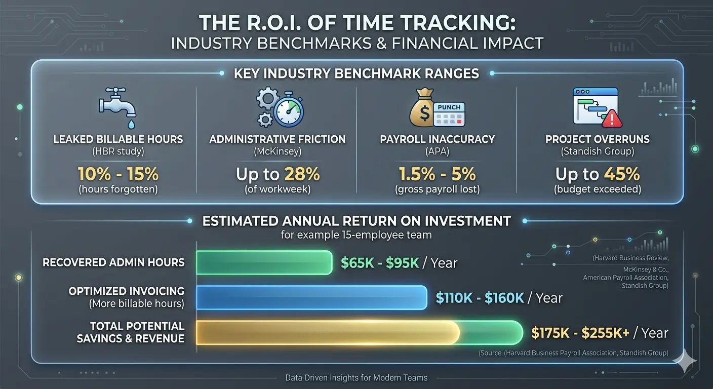 Data chart showing ROI of time tracking with industry benchmark ranges.