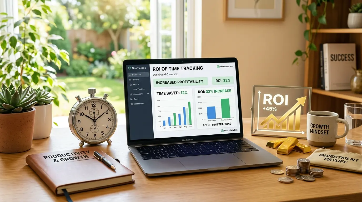 Laptop showing time tracking ROI dashboard with upward growth charts on a bright desk.