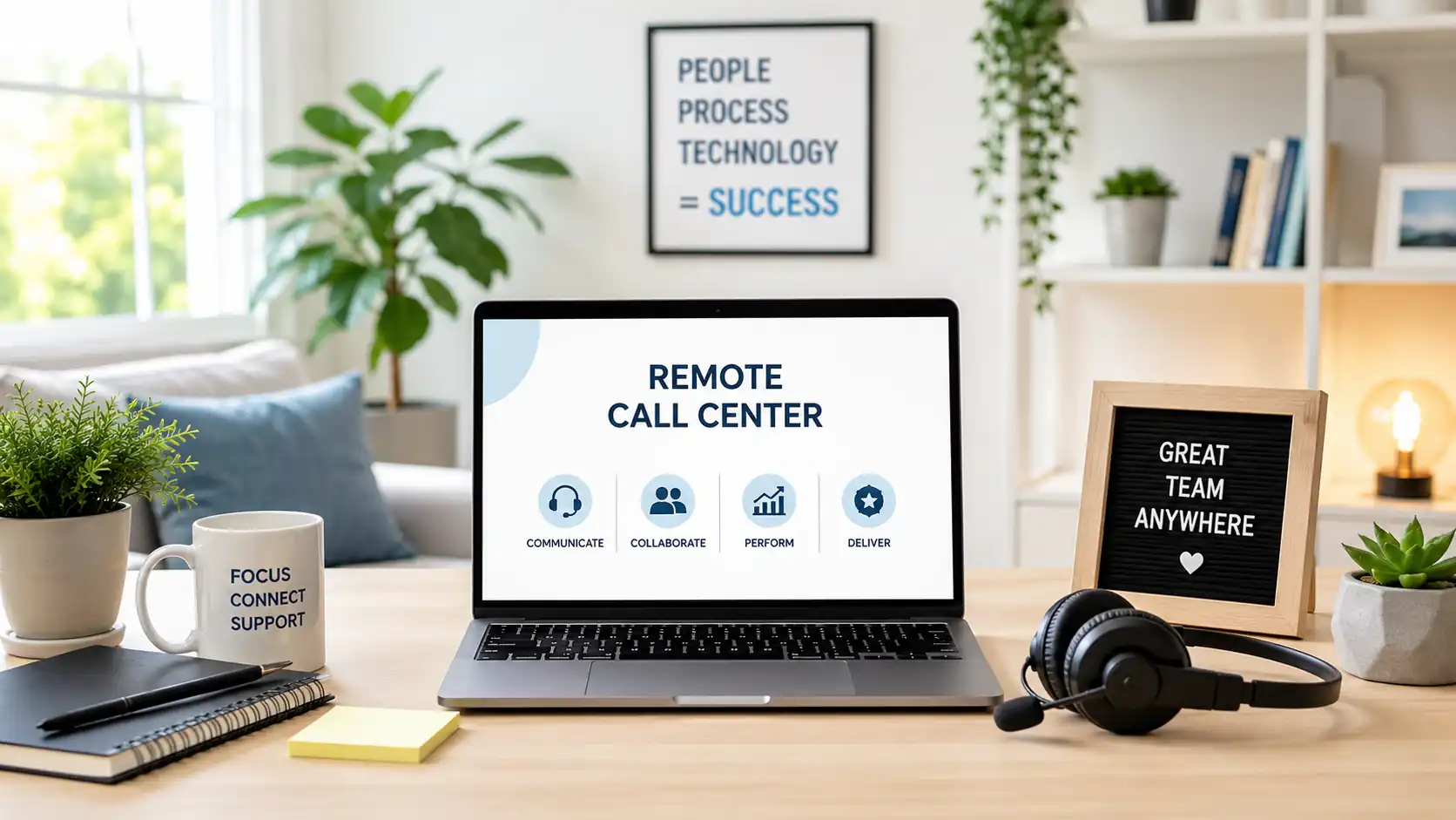 Remote call center setup with laptop, headset, and bright home office desk.