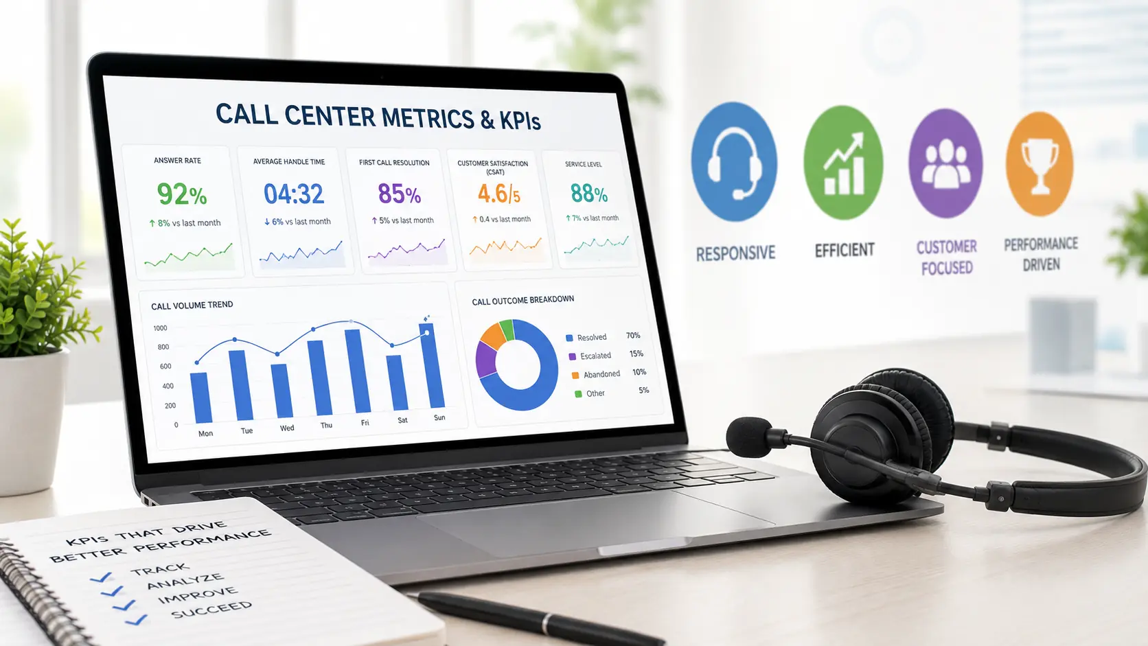 Call center metrics dashboard with headset and KPI charts on a desk.