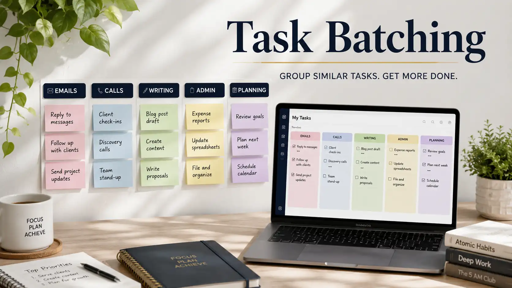 Task batching workspace with organized task groups on laptop and sticky notes.