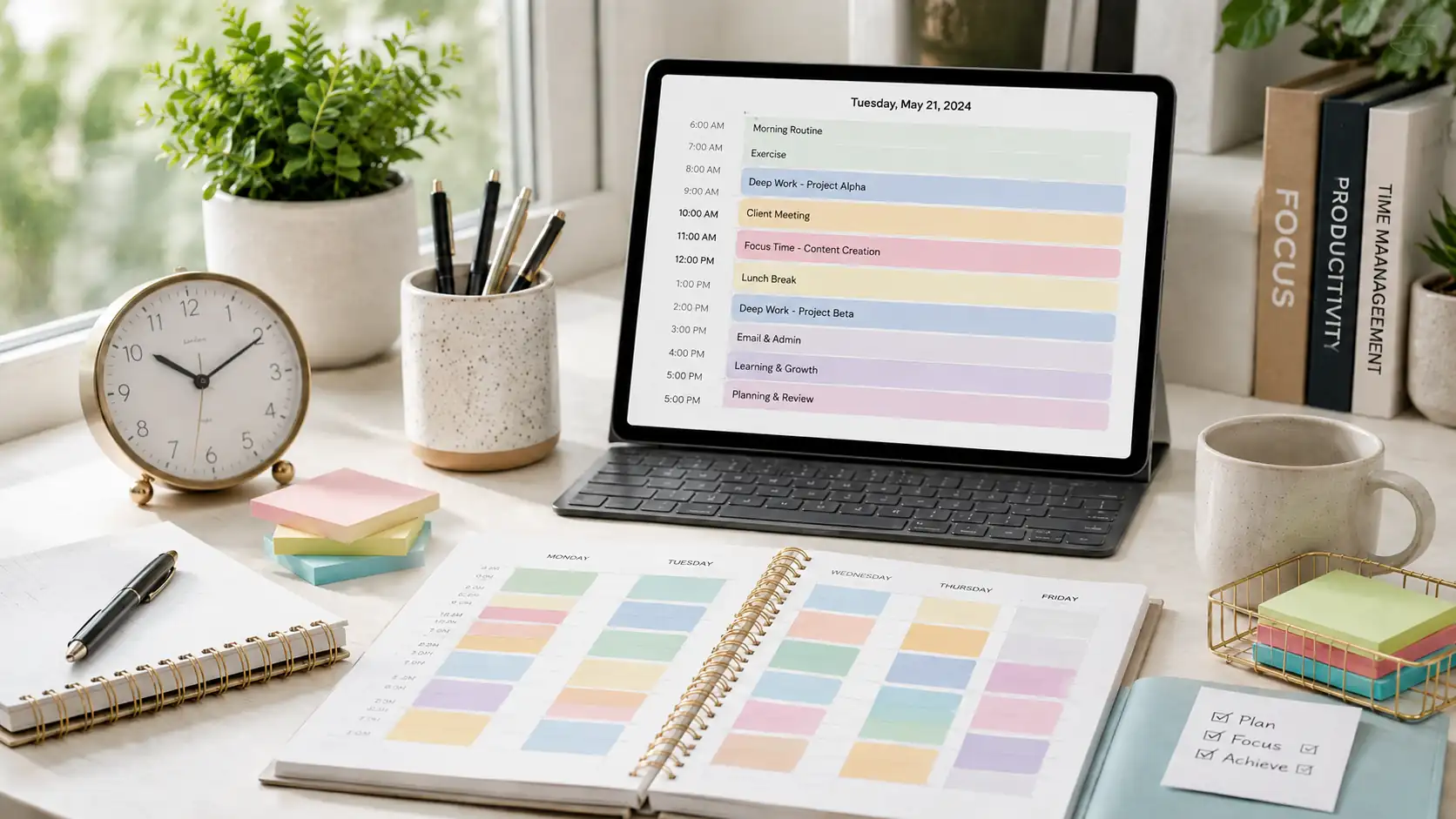 Time blocking planner with color-coded schedule on a bright desk.