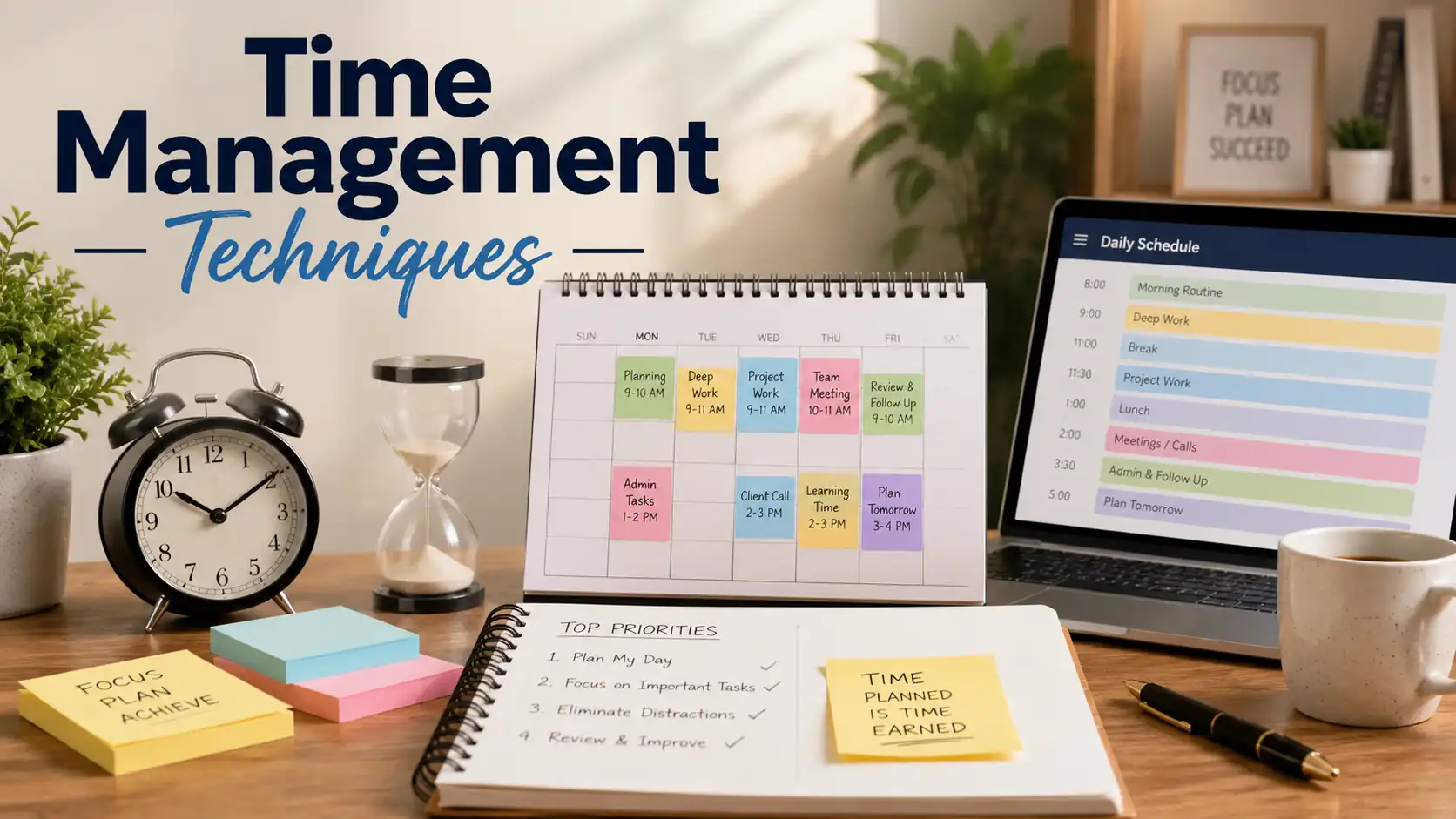 Time management techniques with planner, clock, schedule, and priority notes.