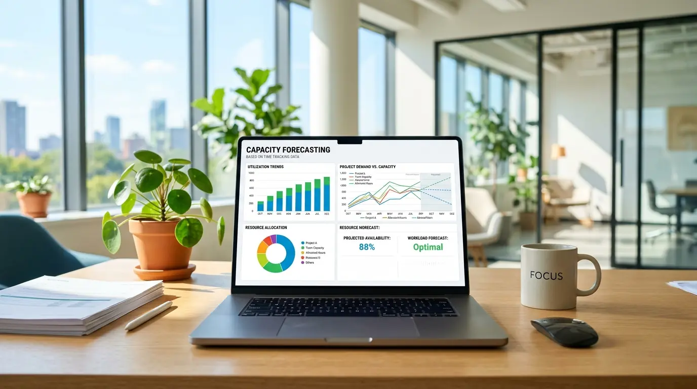 Laptop displaying capacity forecasting data dashboards in a modern office.