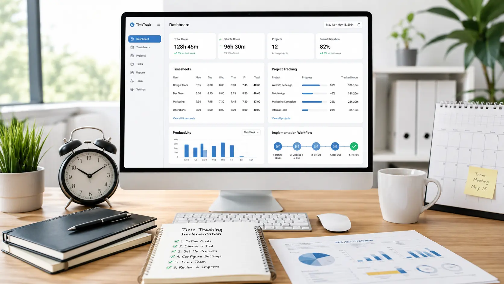 Time tracking dashboard showing company implementation workflow.