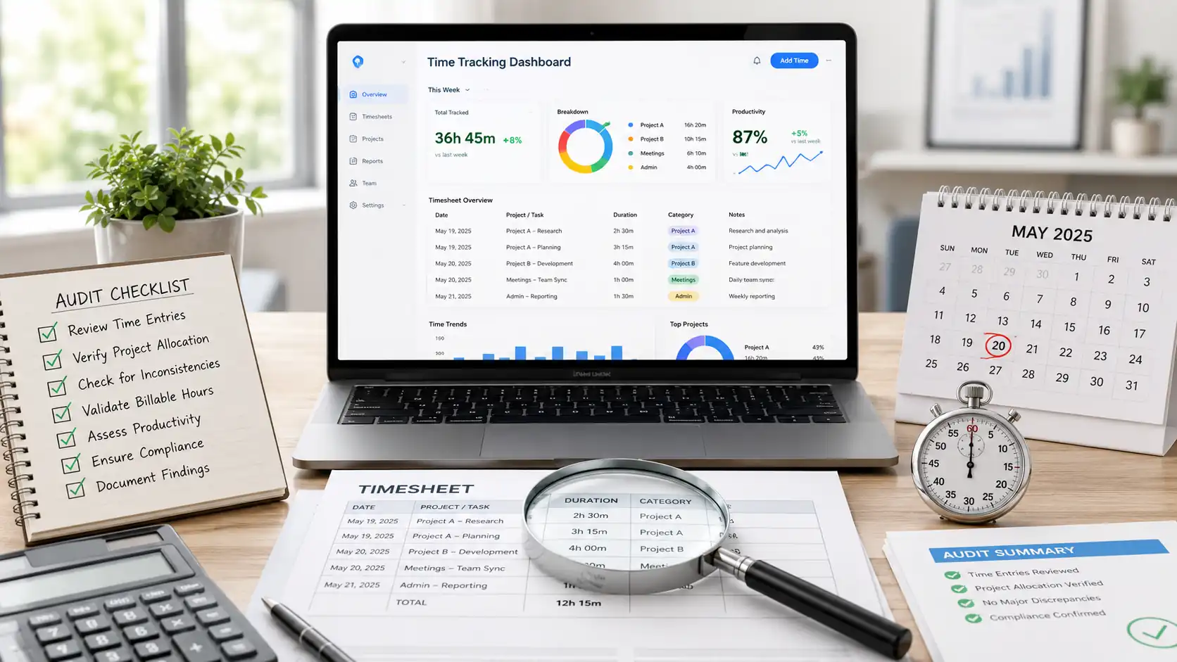 Time tracking audit dashboard with checklist, timesheets, calendar, and productivity charts.