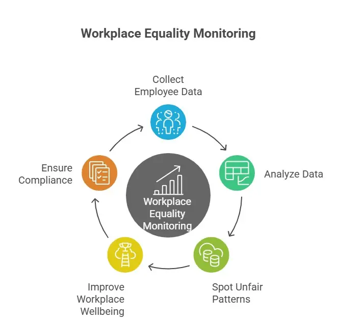 Workplace equality monitoring cycle showing data collection, analysis, and compliance steps.