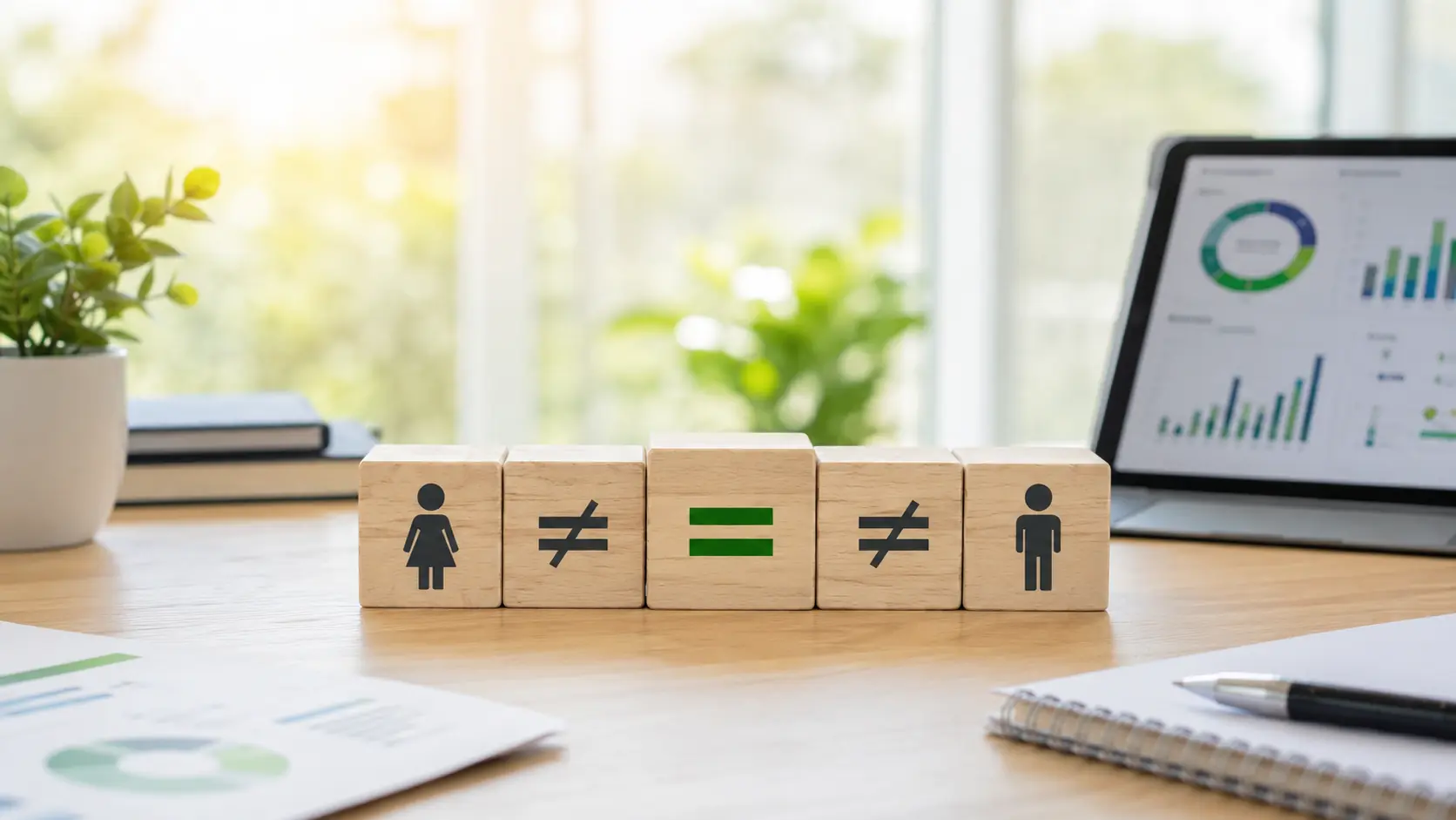 Data-driven workplace equality shown with monitoring insights and equal opportunity symbols.