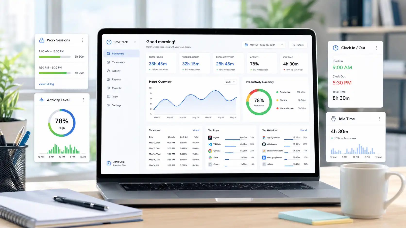 Time tracking app dashboard showing hours, activity, idle time, and app usage data.