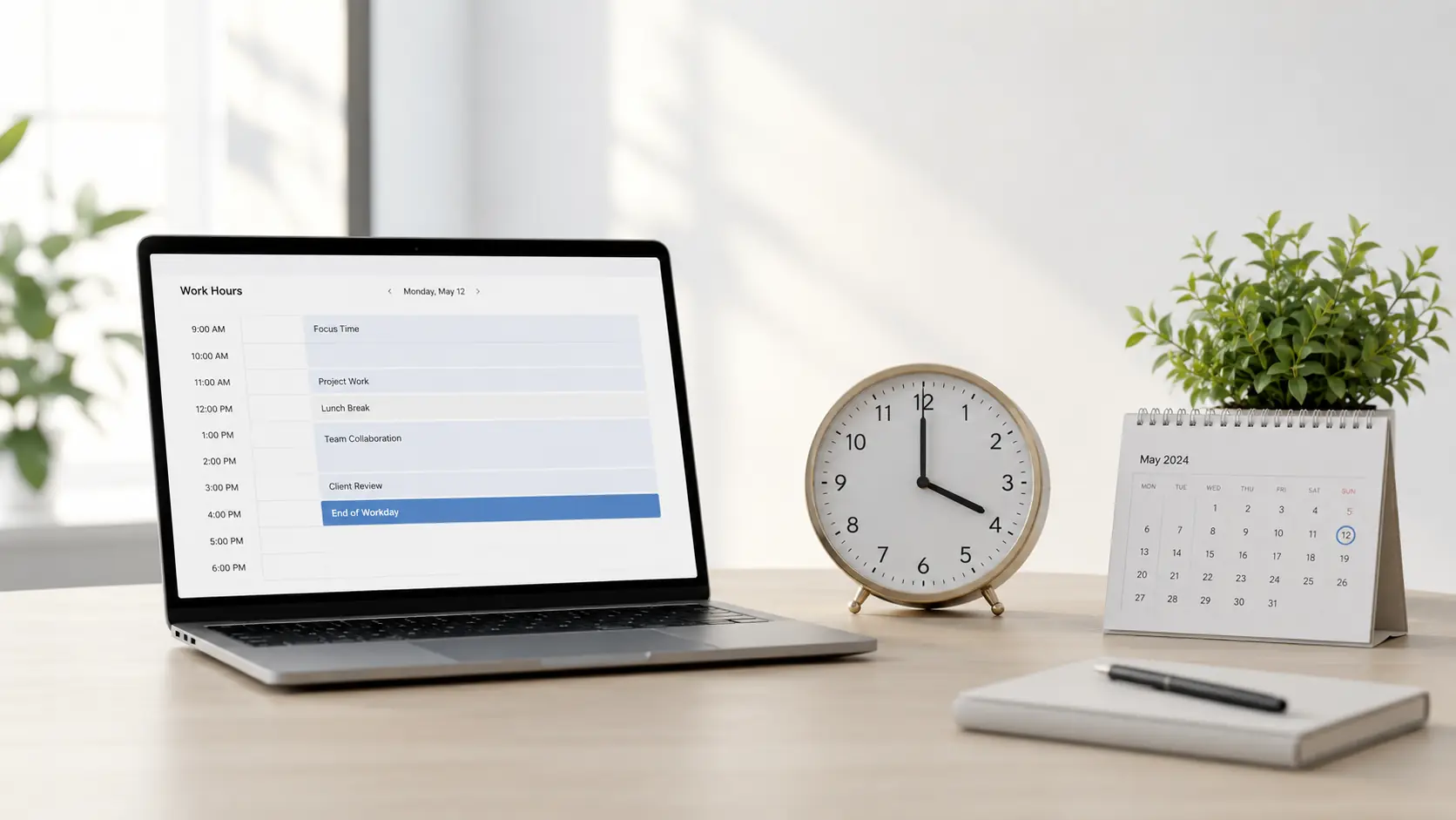 Laptop schedule and clock showing how to limit employees’ daily working hours.