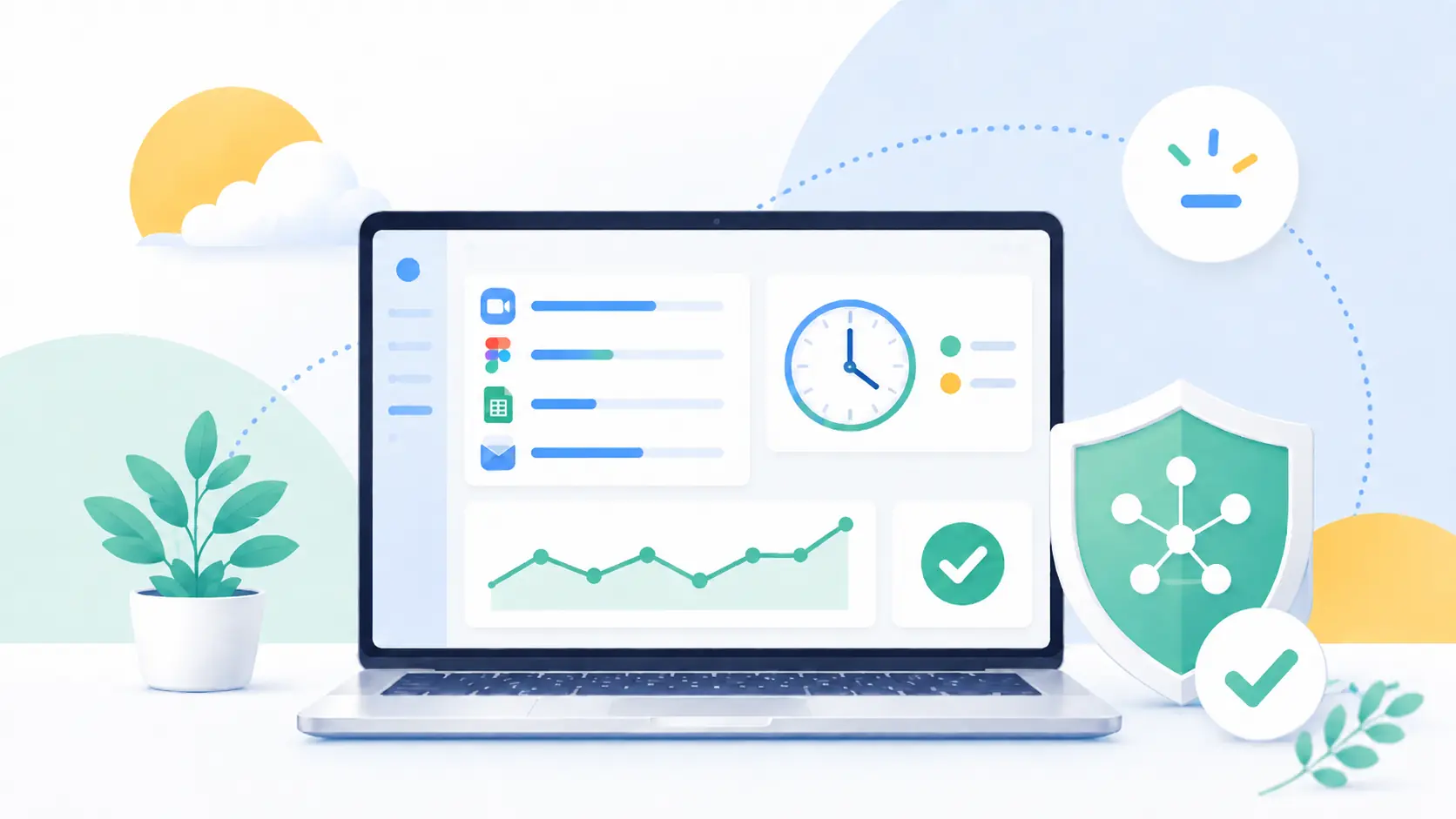 Workplace monitoring dashboard with time tracking, app usage, and security controls.