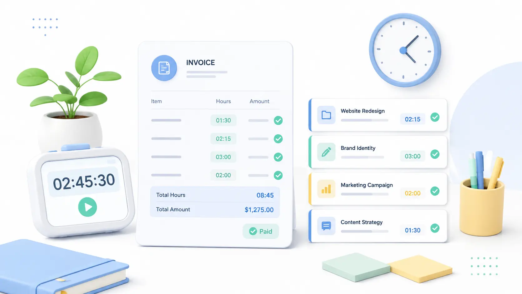 Time tracking dashboard showing accurate billable hours and invoicing.