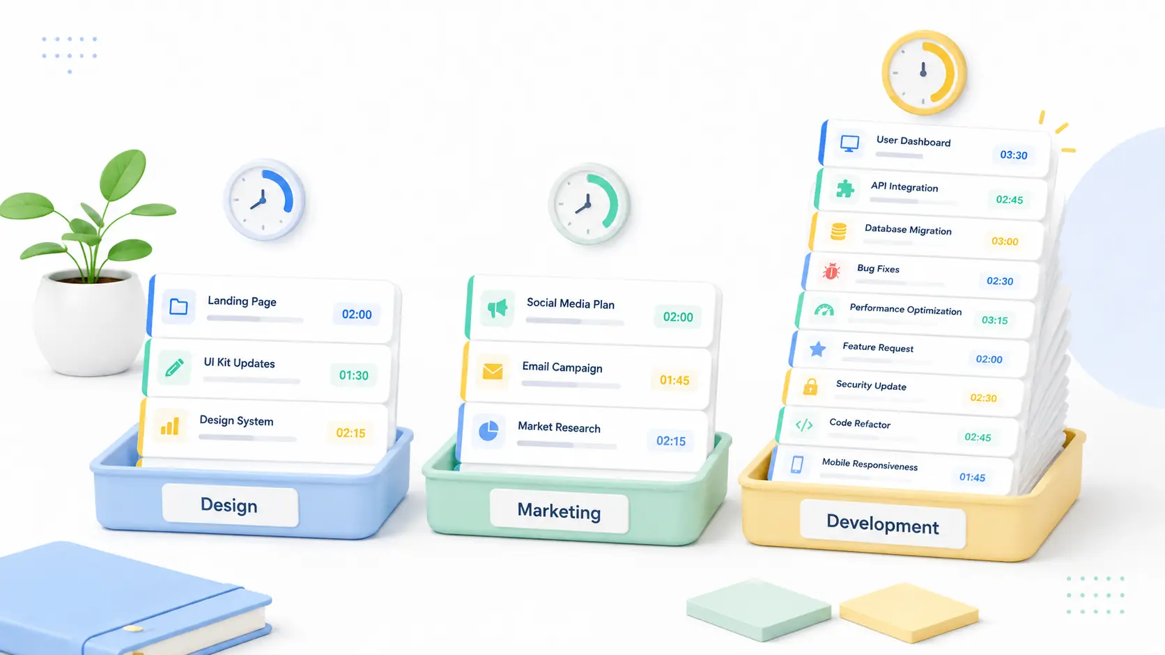 Task cards showing balanced workloads and an overloaded project queue.