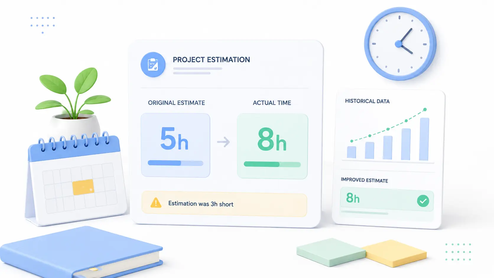 Project estimate comparing five planned hours with eight actual hours.