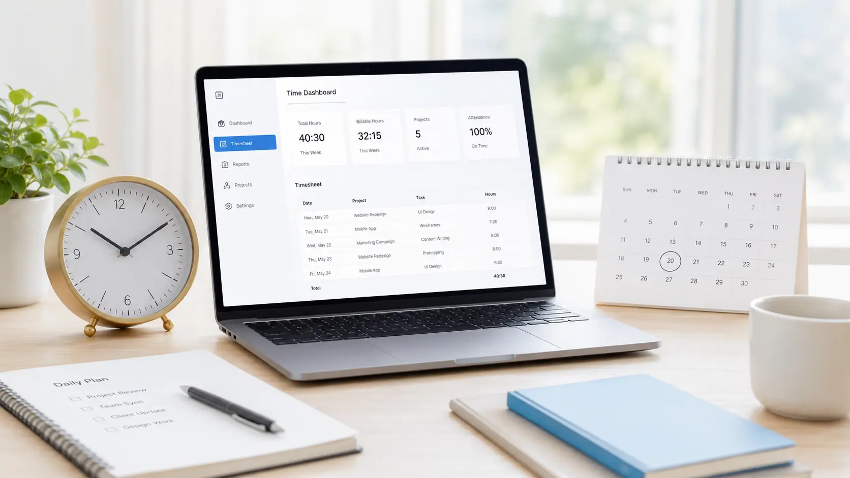 Time tracking dashboard, clock and calendar for salaried employee work hours.