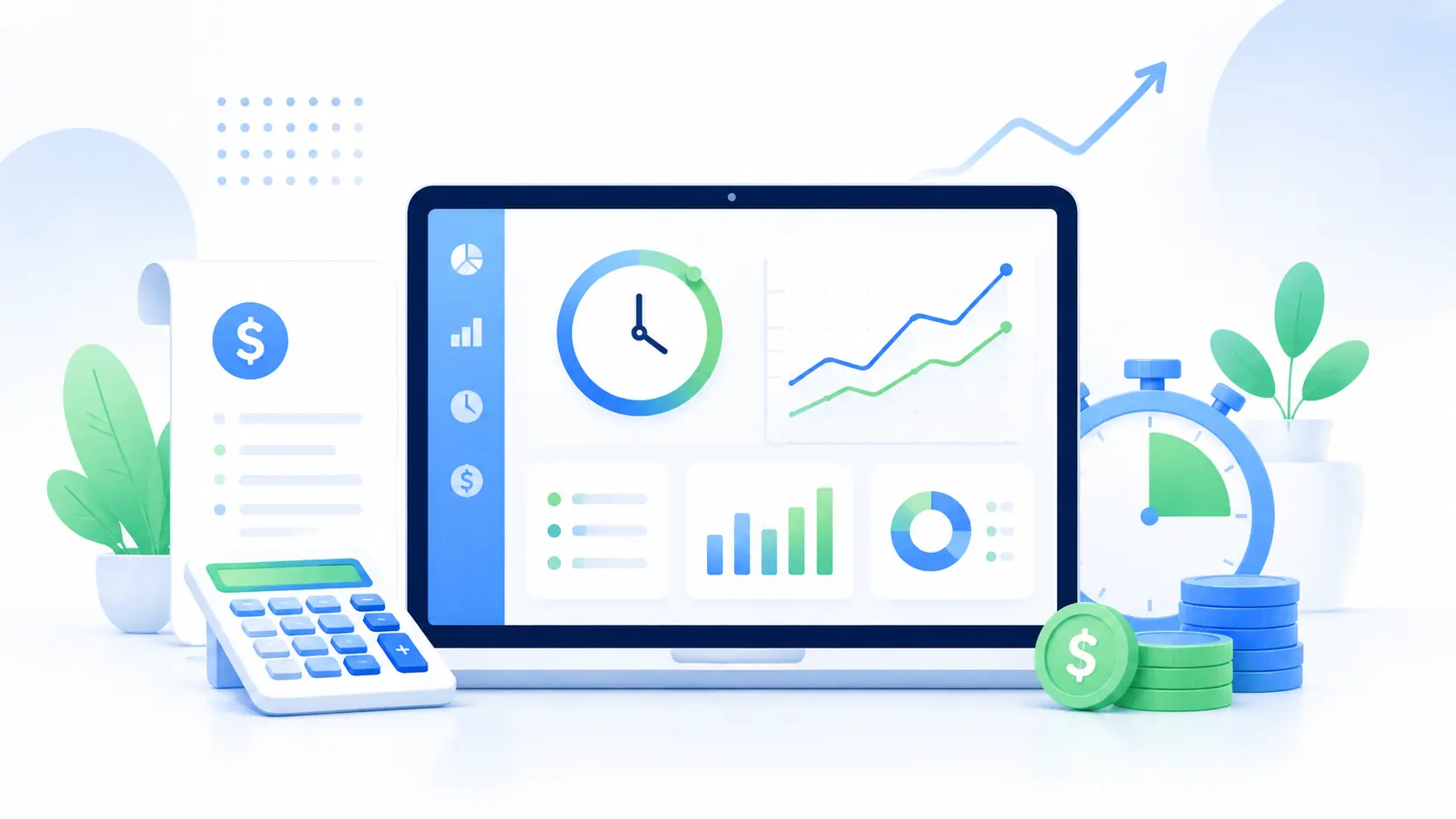Time tracking illustration for accurate startup payroll, payslips, and client billing.
