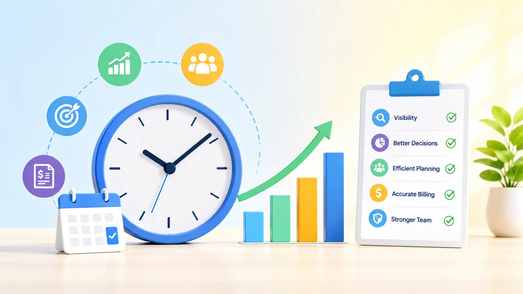 Time tracking benefits for salaried employees with clock, charts, and planning checklist.
