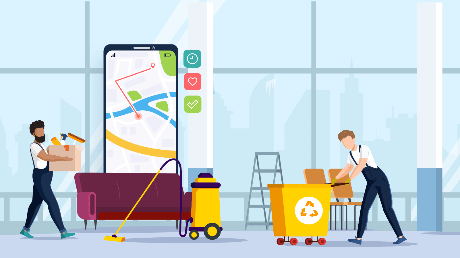 A composite image showing cleaning business workers working and a mobile interface depicting cleaning business software