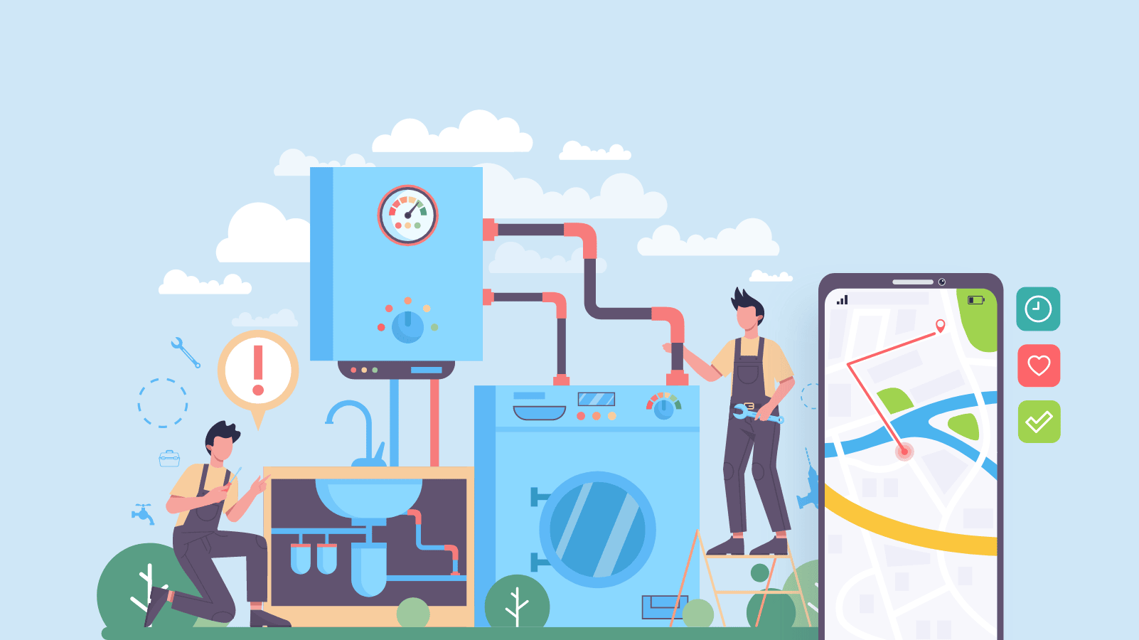 A hero image for the article "best plumbing business software" showing animated image of plumbers working and a mobile app