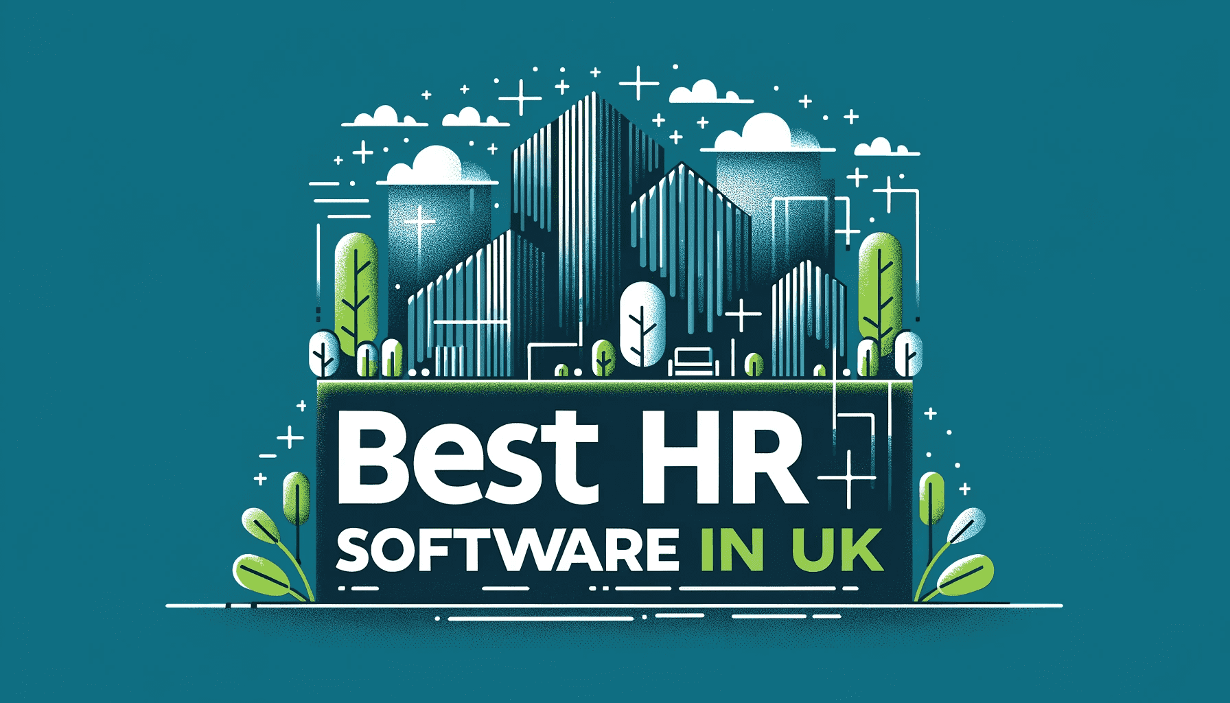 An hero image depicting office buildings in the background and mentioning "Best HR Software in UK" in the front