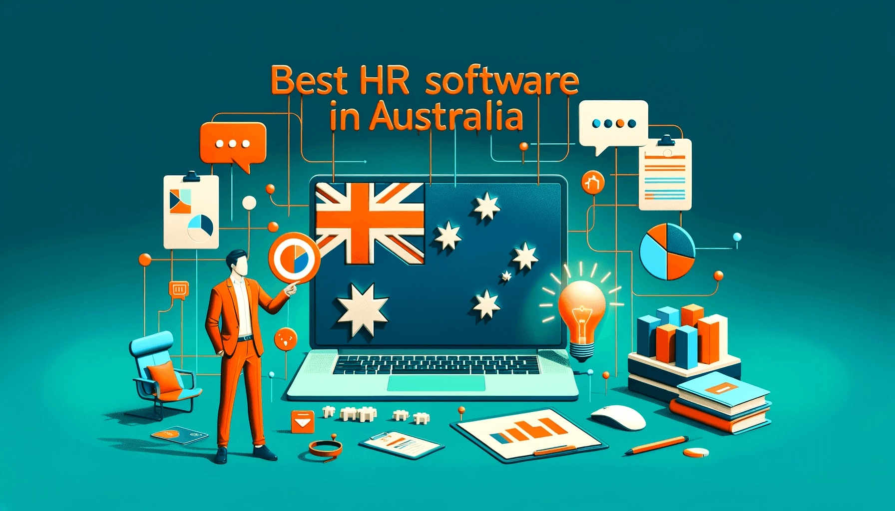 Hero image for "Best HR Software in Australia" with an Australian flag on a laptop and HR software systems symbols around it.
