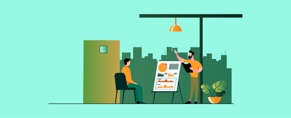 An illustration of a man showing different charts and tables to another representing different time tracking templates.