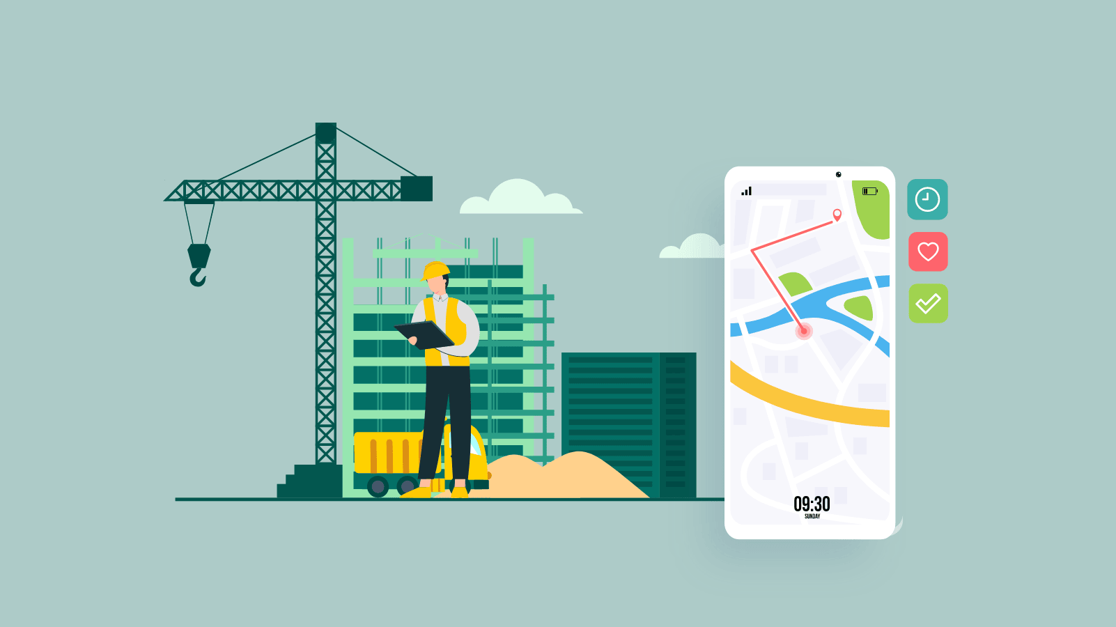 An hero image showing a builder working on a construction project and beside there is a mobile app depicting 'construction ' 