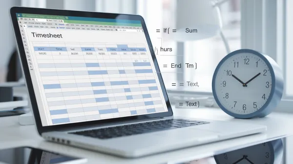 Image of a laptop showing Excel timesheet and a clock representing time tracking