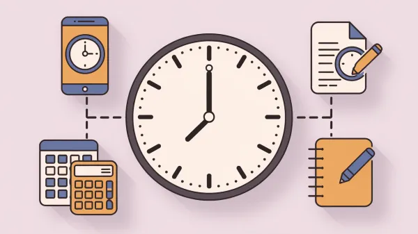 Illustration of four icons—a mobile app, timesheet, spreadsheet, and notebook—arranged around a clock face.