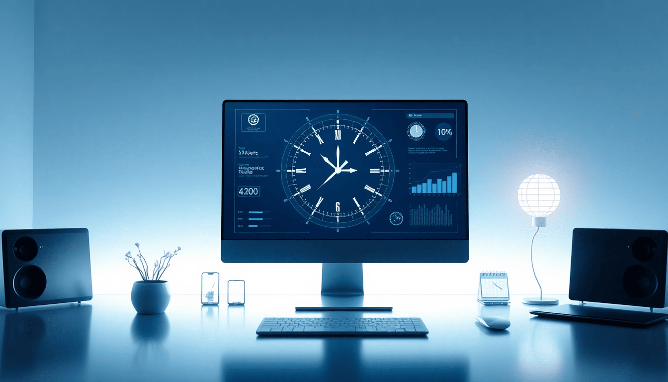 A modern, sleek digital workspace showing a click and graphs for employee time tracking data on a desktop computer screen.