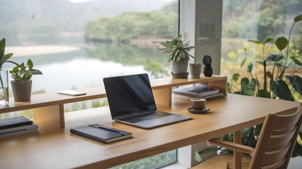 A cozy home office with a laptop, coffee, and a scenic view, evoking remote work productivity.