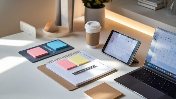 Organized desk with laptop, tablet showing a calendar, notebook, sticky notes, and a coffee cup.