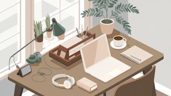 Minimalist home office desk setup with a laptop, notebook, plants, and a comfortable chair by a window.