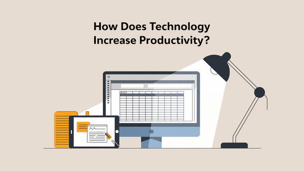 Illustration of a computer, tablet, and desk lamp with the text 'How Does Technology Increase Productivity?