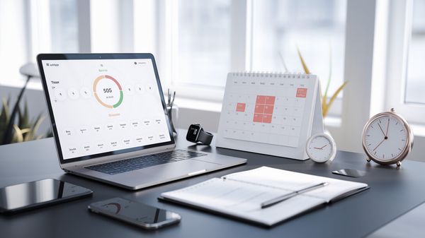 Modern workspace with a laptop, clock, and calendar, symbolizing digital time tracking in a bright setting.