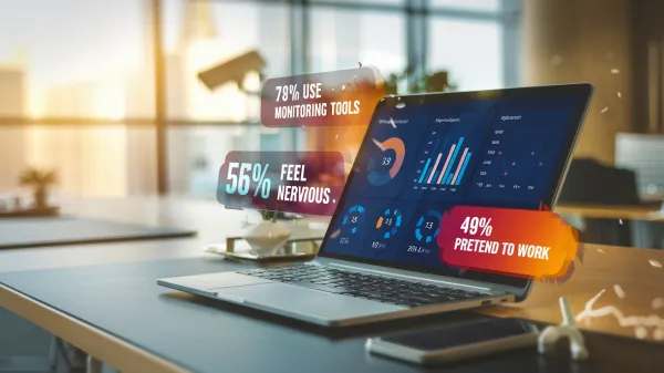 Office desk with a laptop showing employee monitoring stats, floating infographics, and a security camera.