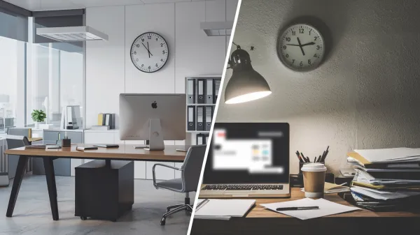 Split scene of an office desk and a home workspace, symbolizing an employee juggling two jobs.