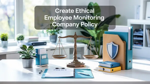 Office desk with justice scale, policy folders, and text ‘Create Ethical Employee Monitoring Company Policy’.