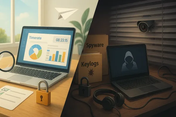 Split image showing ethical employee monitoring vs. secretive workplace spying.