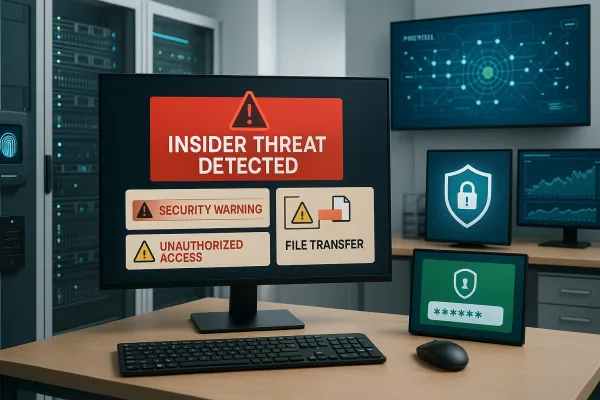 A server room with security alerts on screen, symbolizing insider threat detection.