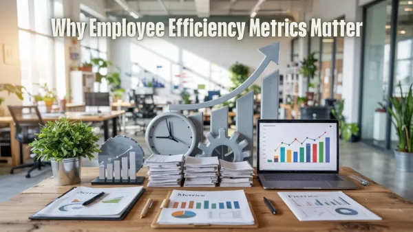 Office desk with charts, graphs, clock, gears, and laptop under text ‘Why Employee Efficiency Metrics Matter.’